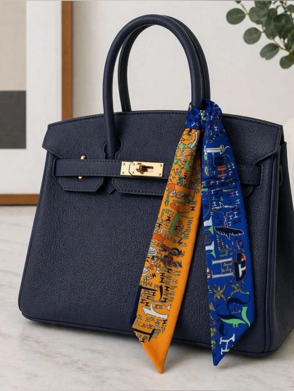 BLUE ORANGE ABSTRACT STORY PRINT SKINNY SCARF BAG HANDLE HAIR RIBBON NECK TIE